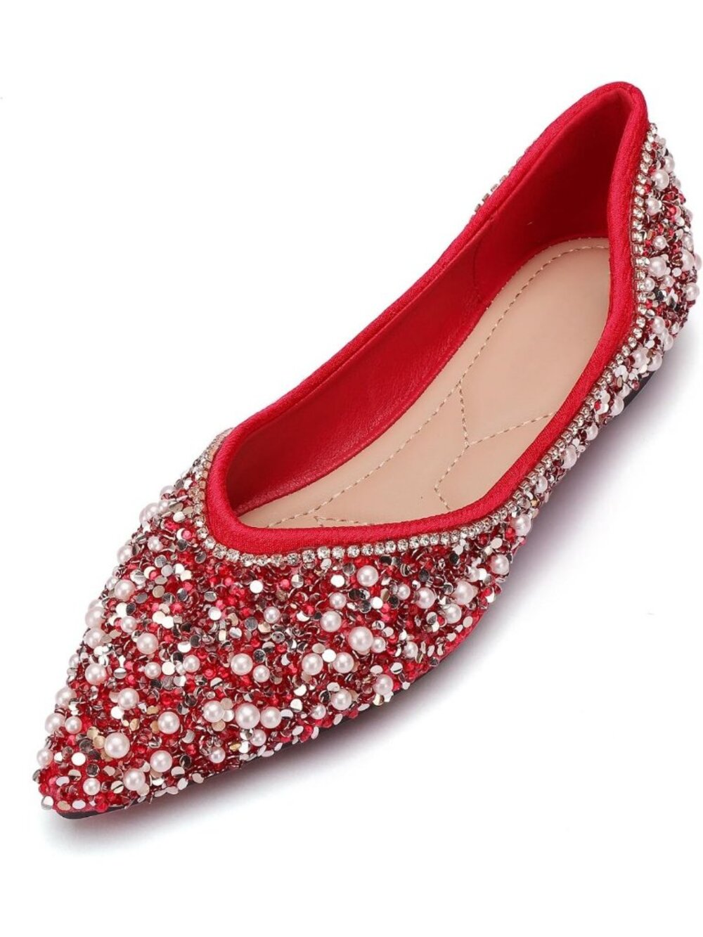 Chic Rhinestone Pointed Toe Flats with Pearl & Diamond - Low Heel Wedding